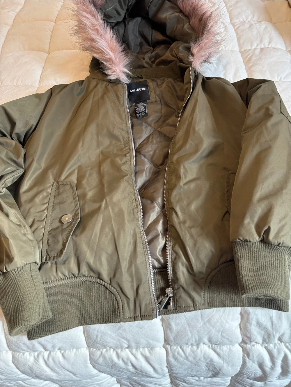 Me Jane Olive Green Hooded Puffer Jacket with Pink Fur Trim